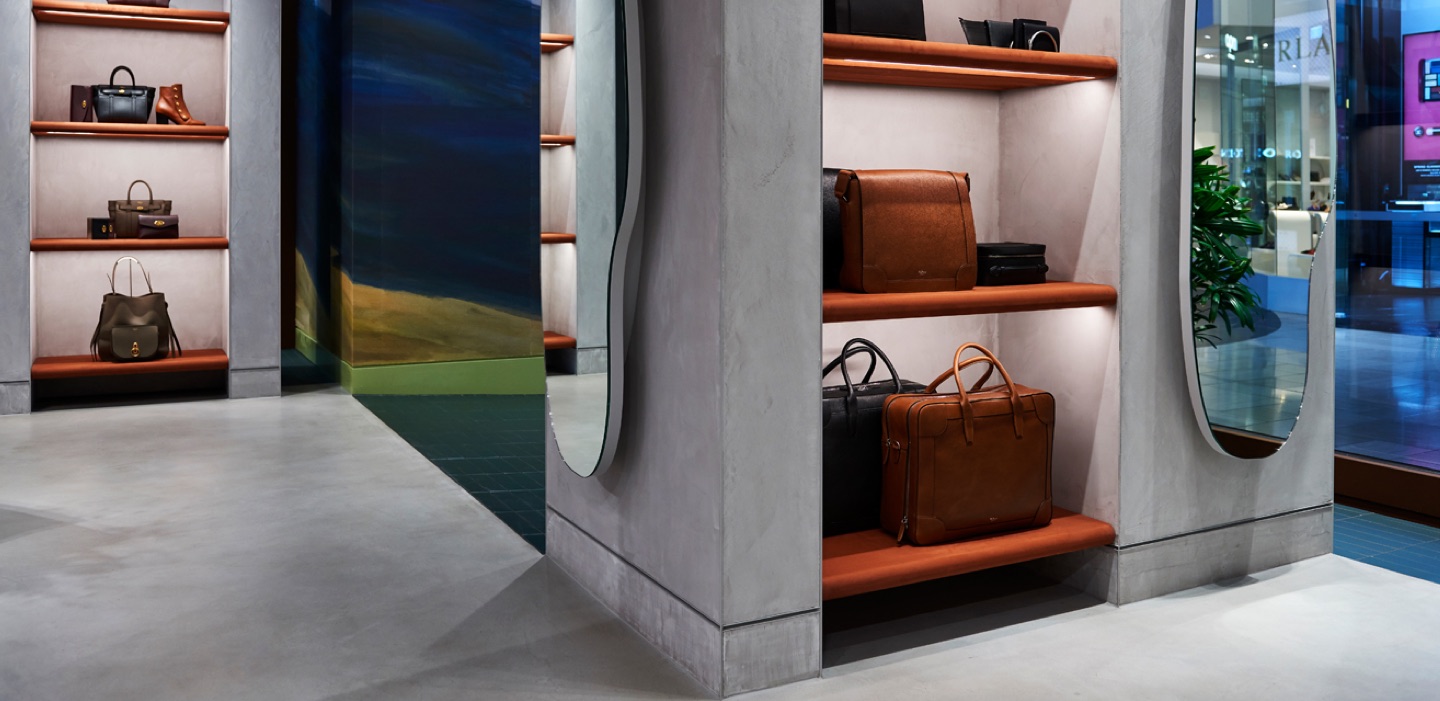 BIshop Concrete Kelso wall finish featured in Mulberry Luxury handbag store melbourne