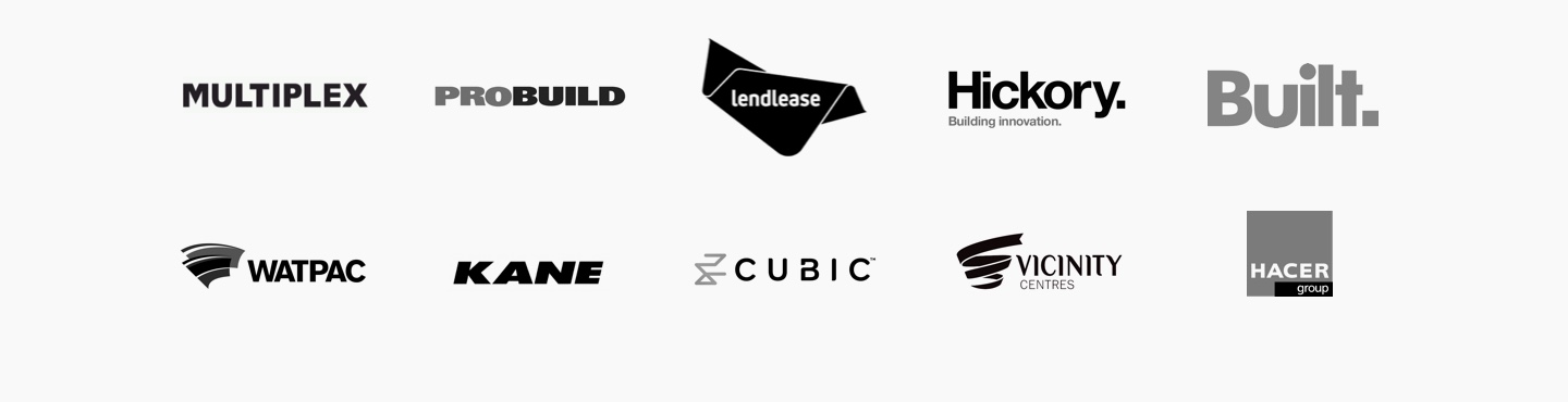Logos of the builder Bishop Master Finishes work with, including Multiplex, Probuild, Lendlease, Hickory, Built, Watpac, Kane, Cubic, Vicinity Centres, Hacer